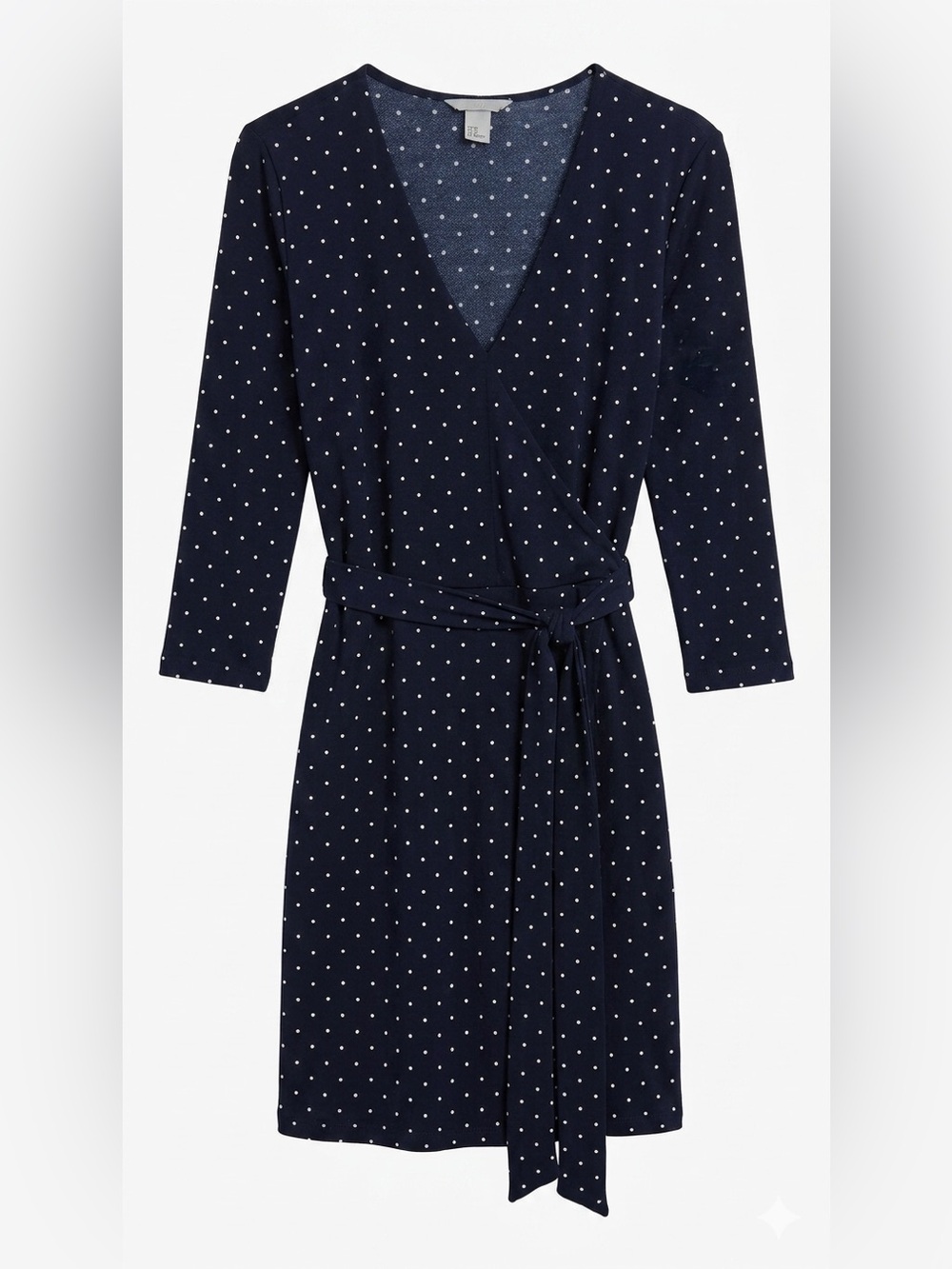 H&M Navy Blue Long Sleeve Polka Dot Wrap Dress